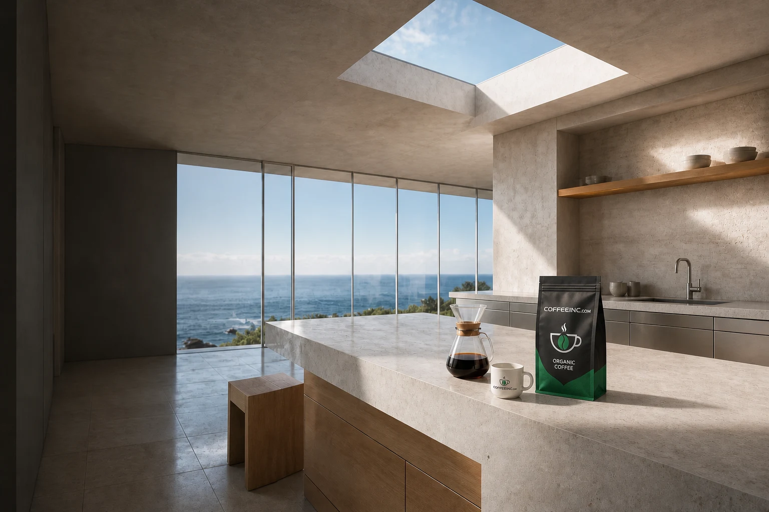 CoffeeInc organic coffee bag, branded cup and pour-over in a sunlit modern Malibu kitchen