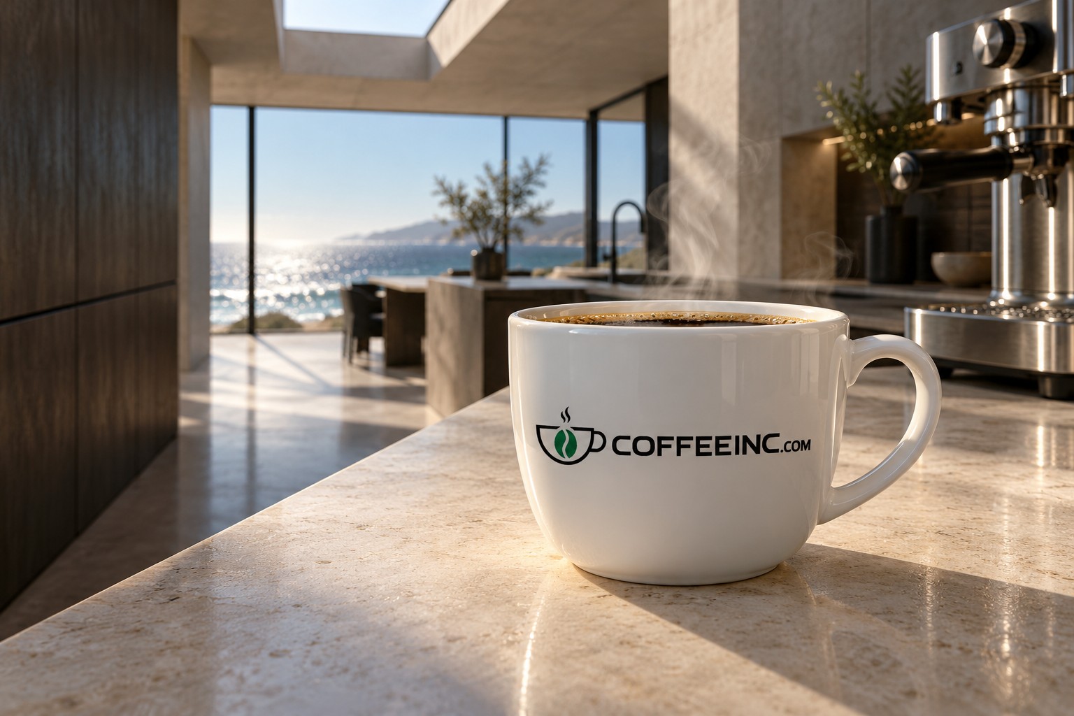 CoffeeInc cup in a sunlit ocean-view kitchen